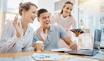 Image showing Happy business people in a conference or video call, waving and smiling in an online meeting in an office. Corporate employee excited for online training or coaching, greeting virtual coach or mentor