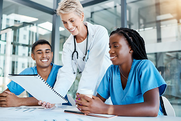 Image showing Medical, planning and doctor and nurse collaboration on innovation, medicine and health care meeting. Happy, diverse healthcare workers smiling and reading results or feedback from cancer cure trial