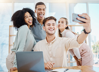 Image showing Office selfie with happy corporate colleagues having fun and being goof, silly face expressions while bonding. Young, diverse work friends relaxing on a break, being playful after a productive day