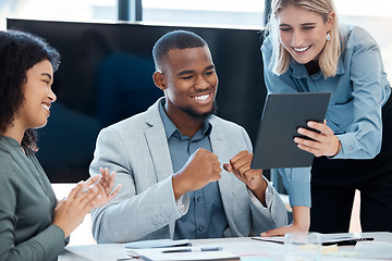 Image showing Team celebration for email news on a tablet in a corporate office with happy smile. Black employee read message of promotion online with manager and boss while celebrating together and clapping