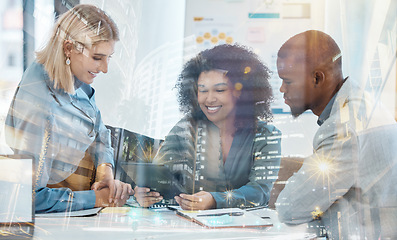 Image showing Digital marketing team or business people in city office building with collaboration, teamwork and planning of an online project. Happy tech corporate workers with seo analytics on a tablet at night