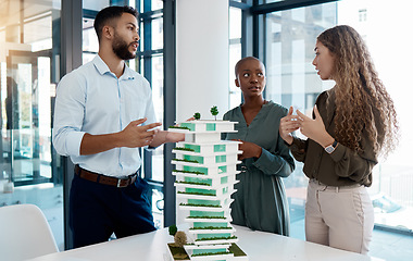 Image showing 3d, model architect and design team meeting in boardroom to discuss building structure plan. Teamwork, construction and industrial career in engineering project management and logistics.