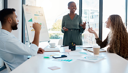 Image showing Black management woman at business meeting with collaboration, teamwork and communication from team. Support, strategy and social media marketing people working with advertising data, graph and chart