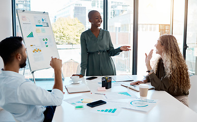 Image showing Black business woman giving a presentation with data, charts and graphs at a team meeting. Diversity, creative and marketing workers and manager planning a work project in the corporate office.