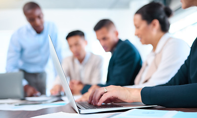 Image showing Hands, laptop search or business meeting for teamwork, marketing planning or target audience research for startup company. Closeup of office woman typing kpi data analytics for collaboration strategy