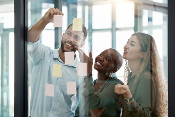 Image showing Diversity, collaboration and team in a business brainstorming strategy for planning and sticky notes. Creative people sharing ideas, plan and schedule work tasks in teamwork and delegation at office.