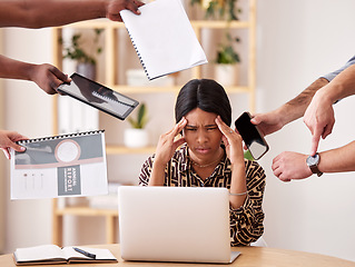 Image showing Woman business manager suffering of burnout, anxiety and stress at work in a corporate office by the team. Black professional marketing leader with headache tired or worried with work while depressed