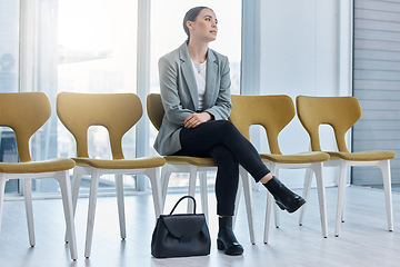 Image showing Stress, unemployed and job search woman looking to be hired at interview at corporate company. Anxiety, thinking and doubt with female struggling to find work and suffering from motivation burnout