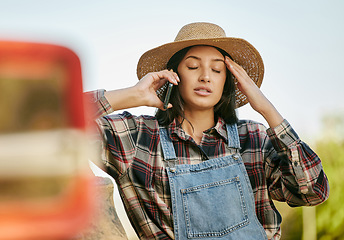 Image showing Farmer, stress and phone call with woman working in the agriculture industry hears bad news about crop sustainability. Countryside, green field worker anxious about economy growth on farming business