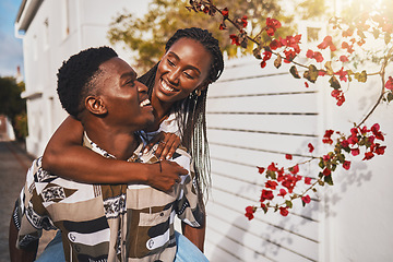 Image showing Love, couple and happy with a young man and woman walking together outside with a smile during summer. Dating, affection and romance with a boyfriend and girlfriend enjoying travel and tourism