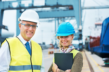 Image showing Portrait shipping, logistics and cargo delivery workers smile at a dock in the supply chain industry. Contain export management or employee collaborate to get the package or stock transport on boat