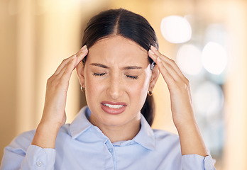 Image showing Stress, burnout and headache business woman working with mental health, depression and anxiety in office. Corporate female employee or worker with a migraine and is depressed and frustrated.
