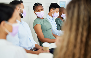 Image showing Covid, mask and workshop with business people in a conference or presentation for training, learning and education. Man and woman talking in a meeting or seminar during the corona virus epidemic