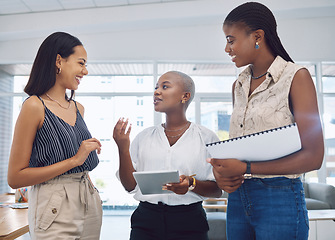 Image showing Business women, network and communication with manager working in design digital agency office building. Innovation, consulting and collaboration with teamwork, strategy discussion coaching