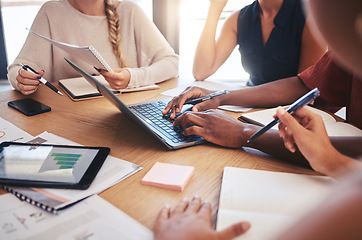 Image showing Working team collaboration, meeting office laptop technology at table and data analysis swot. Small business success graphs, paperwork strategy documents and schedule company agenda and post it