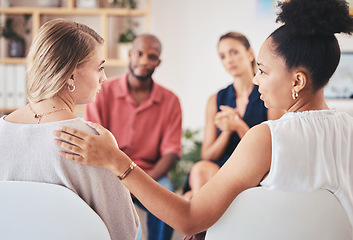Image showing Psychology, mental health and support group with a woman in counseling for help with depression and anxiety with a psychologist she can trust. Communication, community or counselor with a sad patient