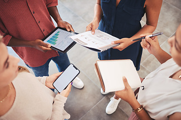 Image showing Marketing, sales growth and teamwork meeting to review advertising strategy results and chart graphs data report. Business people in conversation on budget, revenue and planning profit increase