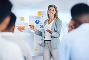 Image showing Sales, marketing and b2b strategy of business woman speaker giving a presentation to work crowd. Corporate advertising seminar with female present sale analytics and logistics chart on white board