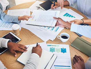 Image showing Teamwork hands, data planning and research paperwork in business meeting, graph analytics and strategy report. Closeup, above and group office worker collaboration, progress documents and stats chart