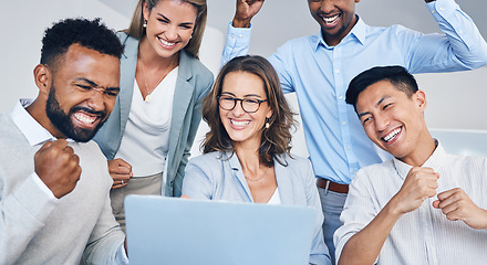 Image showing Wow, success and achievement with a team of business people and their female leader, manager or boss in an office. Teamwork, collaboration and motivation with a group in celebration at work together