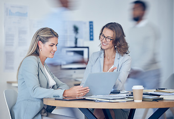 Image showing Marketing, business women and consulting with manager in corporate office building. Collaboration, planning and analytics with meeting, review and chart for strategy, innovation conversation