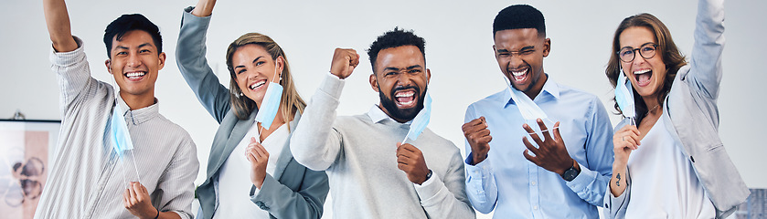 Image showing Banner of business people happy about end of covid pandemic, removing face mask in celebration and excited for office work. Portrait of team of workers winning with success and celebrate achievement