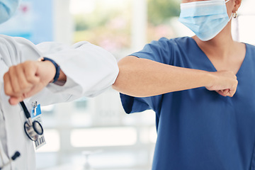 Image showing Healthcare, hospital and women in medicine elbow greeting and communication in covid pandemic. Social distancing, face mask and safety against virus at work, doctor and nurse greet at medical center.