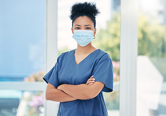 Image showing Nurse, healthcare black woman with a covid face mask in confident portrait. Innovation, leadership and proud medical nursing professional, surgeon or health employee with vision for success in career