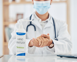 Image showing Doctor hands sanitizer for covid cleaning, hygiene and protocol in hospital clinic for corona virus pandemic, disinfection and bacteria. Healthcare safety, flu germs and wellness to prevent sick risk