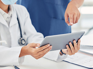 Image showing Nurse and doctor with digital tablet report, lab results or healthcare medical records. Innovation, research and people hands with wireless technology for hospital management software and online data