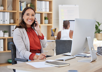 Image showing Business woman talking on phone call, happy communication and conversation in startup agency. Smile, vision and creative asian designer, entrepreneur and worker speaking in successful deal discussion