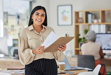 Image showing Review, contract and report with a business woman holding a clipboard with paperwork in her office at work. Application, document and proposal with a young female employee reading notes and working