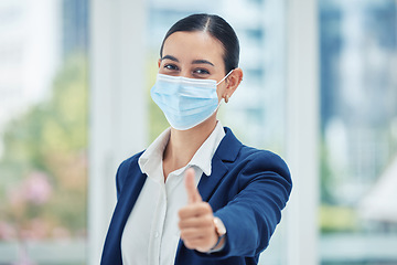 Image showing Face mask, covid compliance or thumbs up woman portrait with strategy, vision or wellness goal to stop global virus. Businesswoman, employee or corporate worker with trust vote or support for vaccine