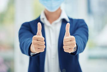 Image showing Thumbs up hands of businessman with mask for covid or covid 19 pandemic with success in health and safety. Corporate management man, manager or person in agreement and say thank you for healthcare