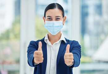 Image showing Thumbs up for success with covid, hand sign for support and thank you for business, yes symbol from employee with mask and satisfied after service. Portrait of manager with corona endorse work