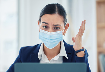 Image showing Covid, stress and a business woman at a laptop with face mask. Risk, compliance and corporate frustration, angry and confused by work email on computer. Frustrated by mistake in company tax or audit.