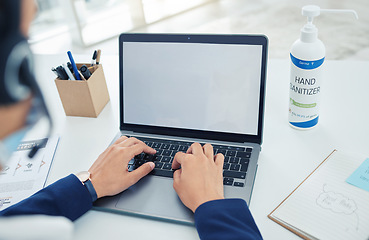 Image showing Business, hands and employee at the office on a laptop working in customer support at the workplace. Worker typing on computer at work in a call center, contact us and service role with technology.