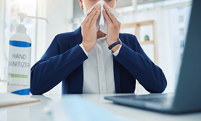 Image showing Sick business woman with covid, virus or allergies blowing running nose or sneezing with tissue in office. Entrepreneur or corporate worker with health illness, sneeze and flu employee with cold