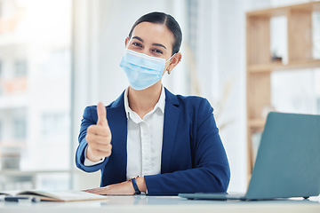 Image showing Thumbs up, mask portrait and Covid safety business woman with face protection for serious illness. Corporate virus policy procedure for good health, hygiene and satisfaction of employees.