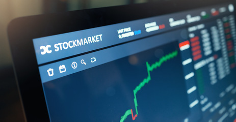 Image showing Stock market, digital and crypto of bitcoin blockchain graphs in online trading and screen showing profit increase. AI data of forex currency for investing, investment and NFT, ecommerce or exchange.