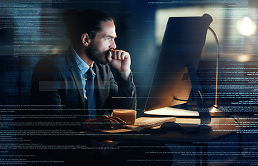 Image showing Big data, tech coding of a fintech programmer writing futuristic technology code on computer at night. AI engineer, cloud computing and ux design of software developer checking information database