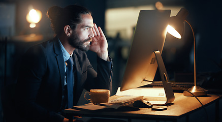 Image showing Confused, business man and computer stress while finishing work deadline at night with pc glitch. Corporate male with anxiety about target working at desk screen late to complete urgent task.