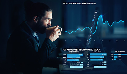 Image showing Businessman drink coffee with hologram stock market data analytics to trade in future tech business economy. Futuristic technology company investment trader invest or trading with corporate finance