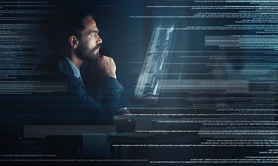 Image showing Businessman, cyber security and coding of a programmer with a vision for big data, tech and digital innovation. Male in futuristic technology on computer at night testing UX and software development.