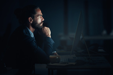 Image showing Digital programmer, cyber security and programmer with computer thinking and planning of web design at night. Engineer, developer and man working on ux seo software, database coding and programming