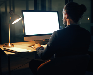 Image showing Mockup space screen of a computer with a ux software office worker and developer. Digital transformation and mock up of a IT tech man working on cryptocurrency and cybersecurity erp coding database