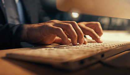 Image showing Hacker, web developer or software designer typing on computer keyboard for research, coding or programming. Closeup hands of a man internet browsing while working late night on cyber security code