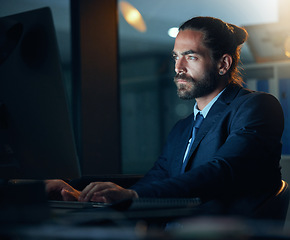 Image showing Business, office and night with a corporate employee working on a computer and the internet in a company. Technology and networking for global communication or an international deal across time zones