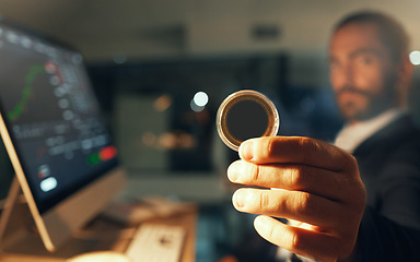 Image showing Business man with crypto trade, investment or bitcoin in hand with online trading screen data in office. Digital exchange, stock and fintech profit and health with stock market money and technology.