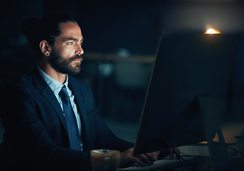 Image showing Cyber security man, digital programmer or computer for thinking web design engineer working on ux seo software or database coding. Developer with motivation or innovation programming on tech at night